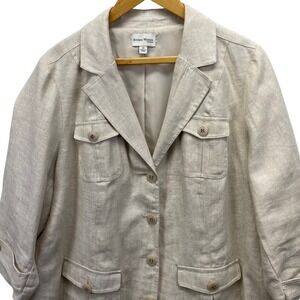 Studio Works 100% Linen Blazer Womens 2X Beige 3/4 Sleeve Safari Utility Jacket
